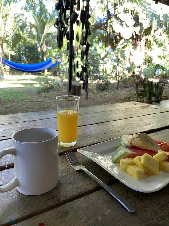 Fruits coupés, jus maison et thé