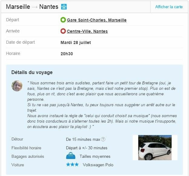Annonce covoiturage voyage allé Marseille - Nantes
