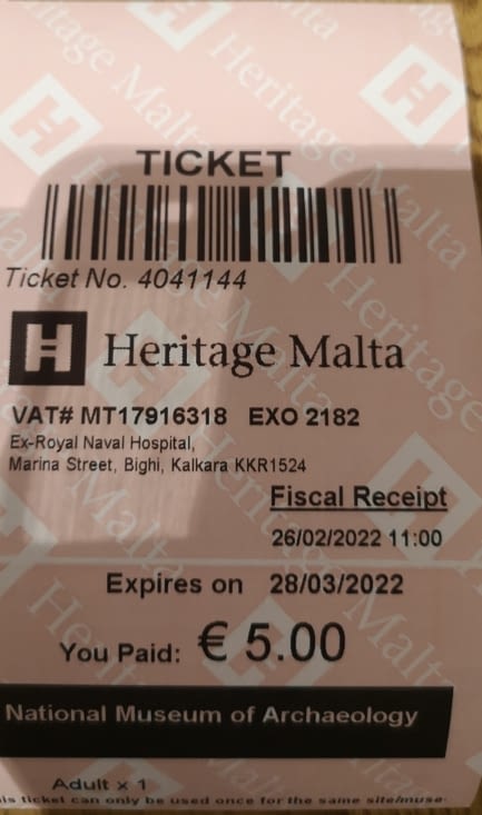 Ticket d'entrée du Musée d'Archéologie, 5,00 €