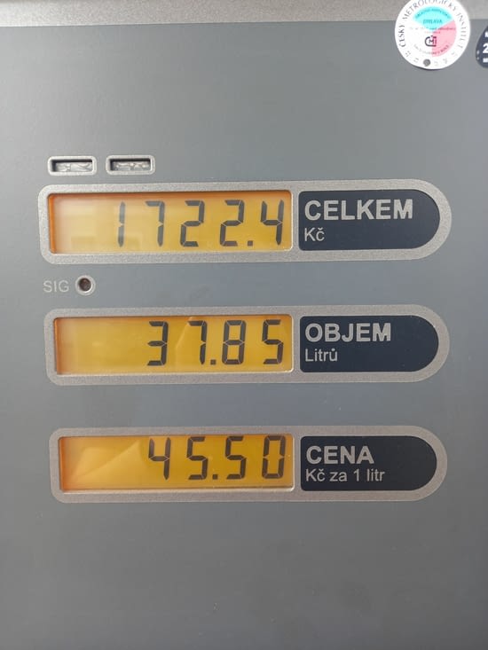 45,5/L donc 1722 Kč 🤑 Tu as l'impression de mettre des billets dans ton réservoir