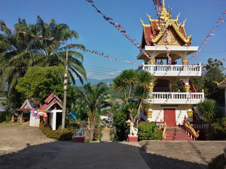 On voit un Bouddha doré en Thaïlande et le Mékong du haut du temple