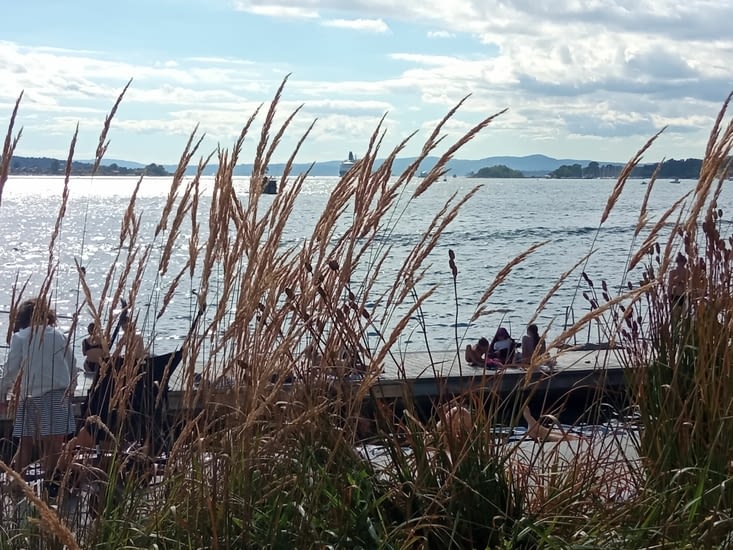 Vue sur le fjord. Toujours ces aménagements pour la baignade...