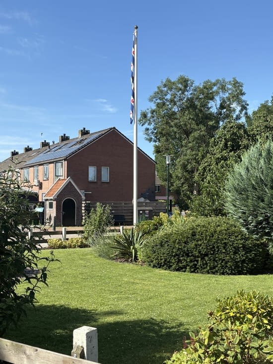 Le drapeau frison devant beaucoup de maisons.