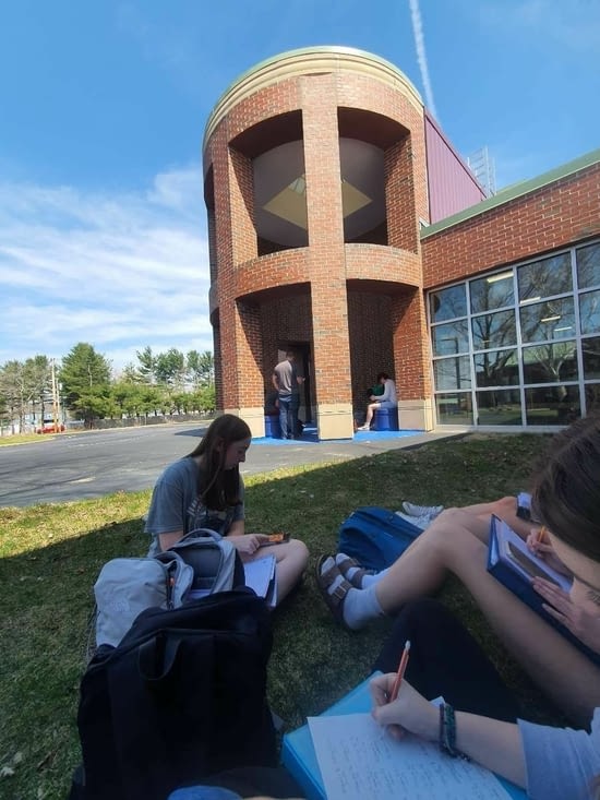 The outside of the school ! Because the weather was nice, we had class outside !