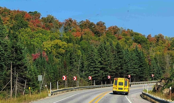 Un bus d'écoliers typique de l'Amérique du Nord avec des arbres couleur d'Automne
