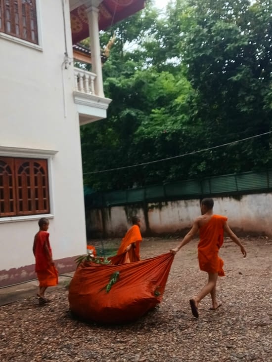 Les moines nettoient la cour