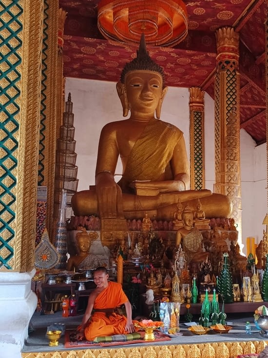 Présence d'un jeune moine au milieu des Bouddhas
