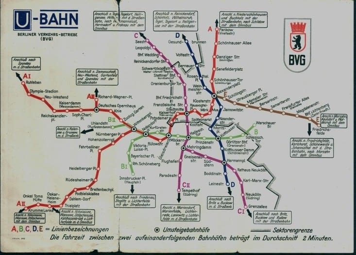 Plan du réseau U-Bahn (métro) de l’Ouest en 1953.