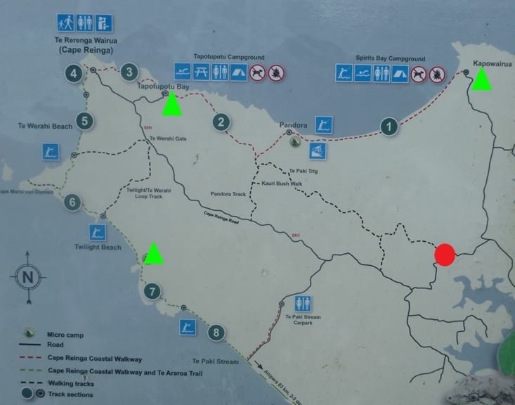 Carte générale de notre randonnée : Te Paki > Spirits Bay Campground