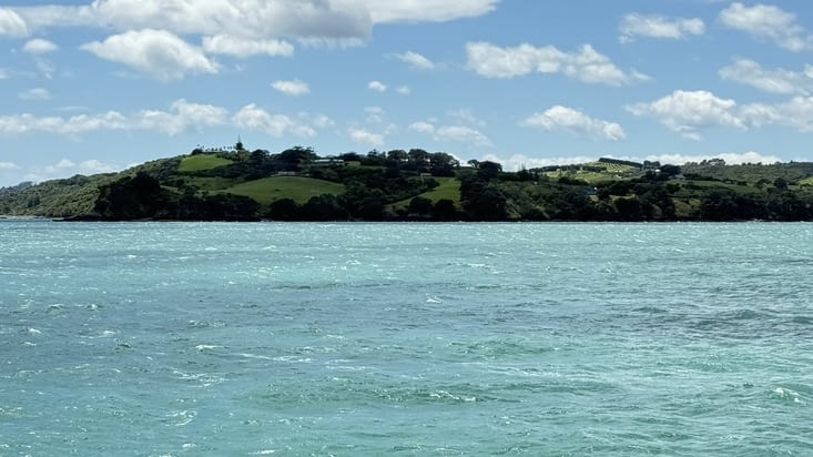 A l'approche de Waiheke, on aperçoit les premiers vignobles ...