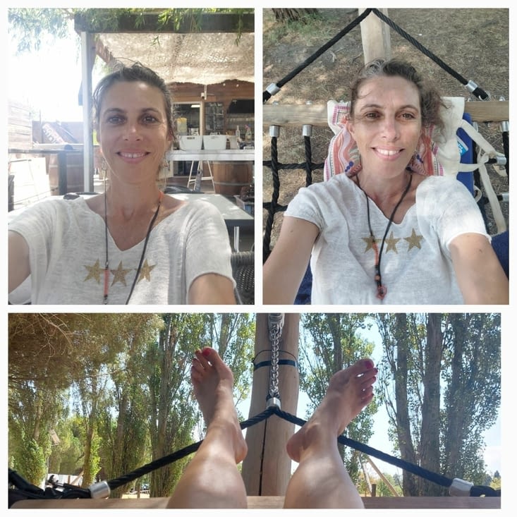 Véronique en terrasse. Véronique dans un hamac. Pieds de Véronique dans un hamac.