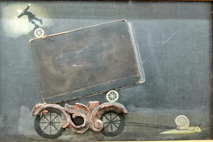 Odysseus sur un chariot tiré par un escargot