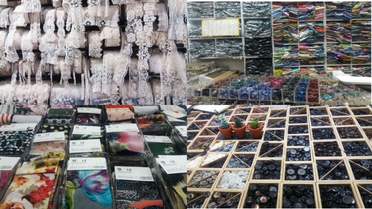 le grand marché du textile, des km de couloirs, ici  dentelles, perles, tissus et boutons.