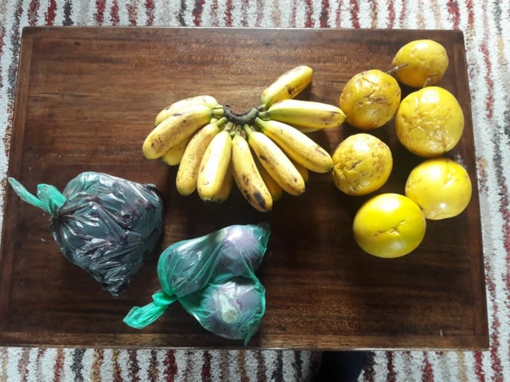 15 bananes, 6 fruits de la passion, 3 oignons et une livre de mûres pour moins de 2$...