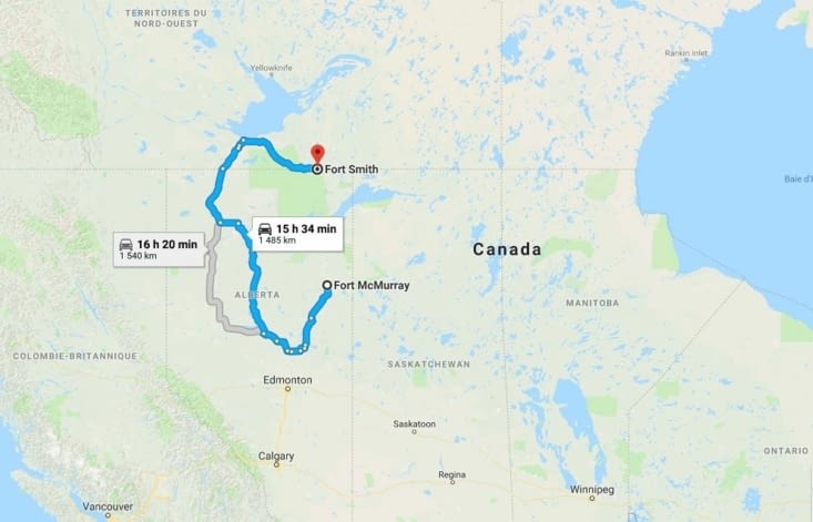 Fort McMurray -> Fort Smith, selon Google Maps