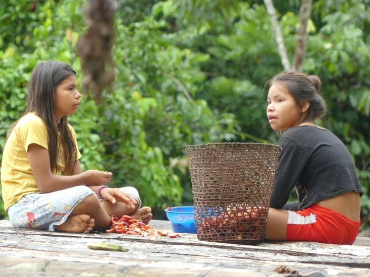 les plus jeunes des filles préparent les fruits qui serviront pour faire la sauce.