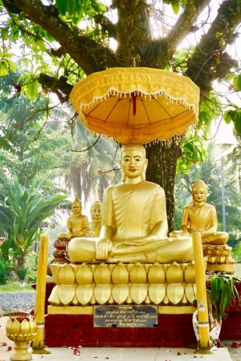 Et à l’extérieur, une autre statue de Bouddha, sous un arbre sacré.