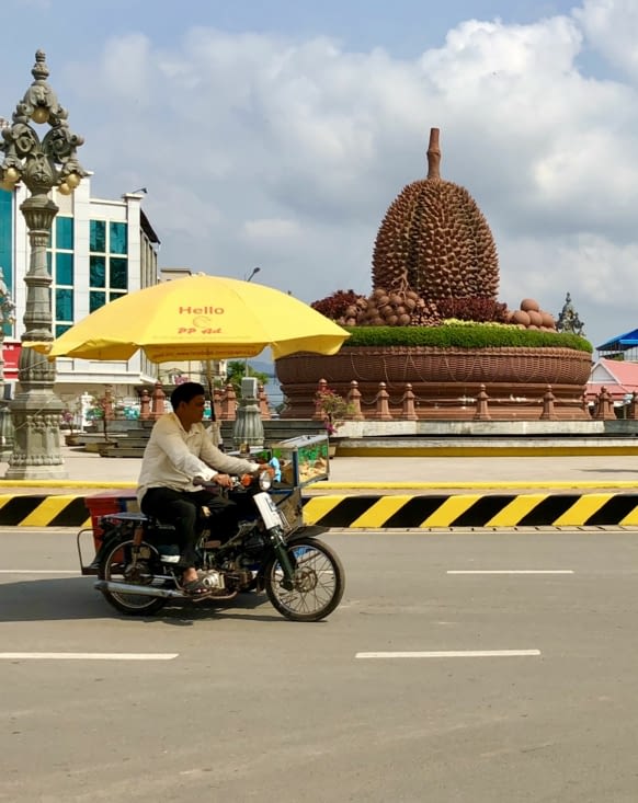 Le rond-point principal est une curiosité : un fruit géant !