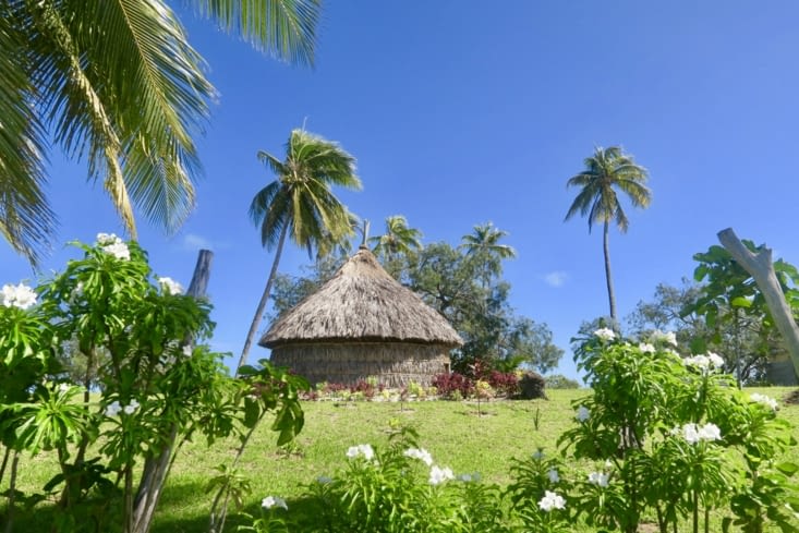De l’autre côté de la route, c’est une alternance de cocotiers, de tribus...