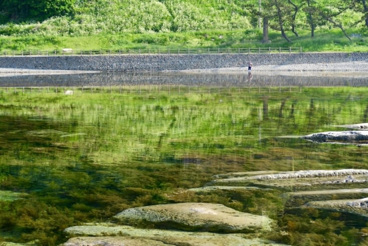 Au loin, un pêcheur à pieds.