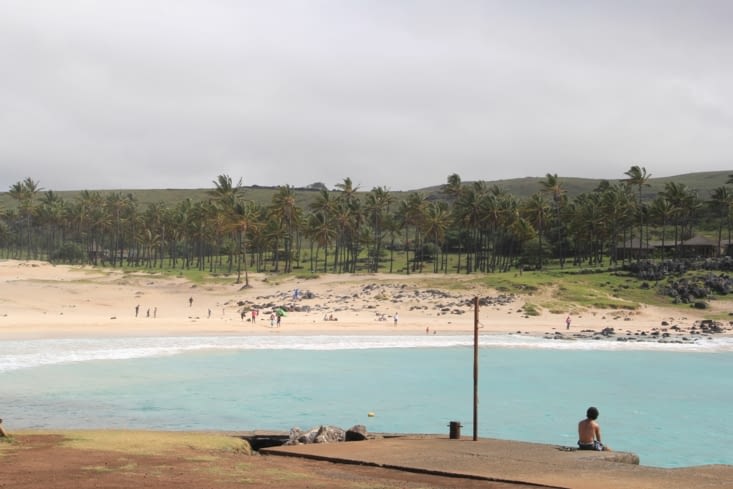 Anakena, une des seule plage de l'île. Très proche du cliché de la plage paradisiaque, mais avec deux Ahus en plus :) et des méduses :(