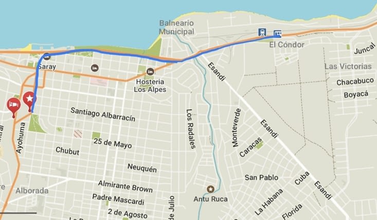 Trajet théorique du bus indiqué par l'auberge