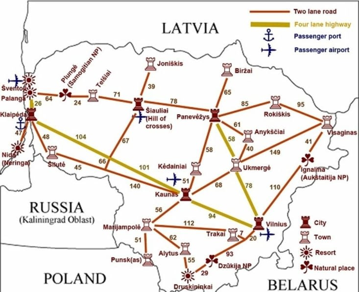 Lithuania road distance map