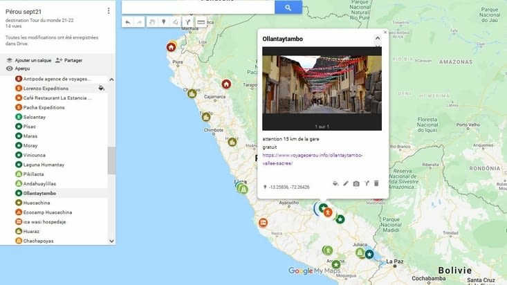 My Maps - Pérou - chaque étape : son lien , son prix, son accès