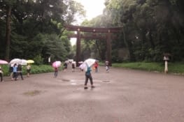 Porte du temple Meiji. Les pieds trempés, des cloques énormes apparaissent à nos pieds.