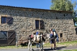 Des pèlerins avec leur âne de bat